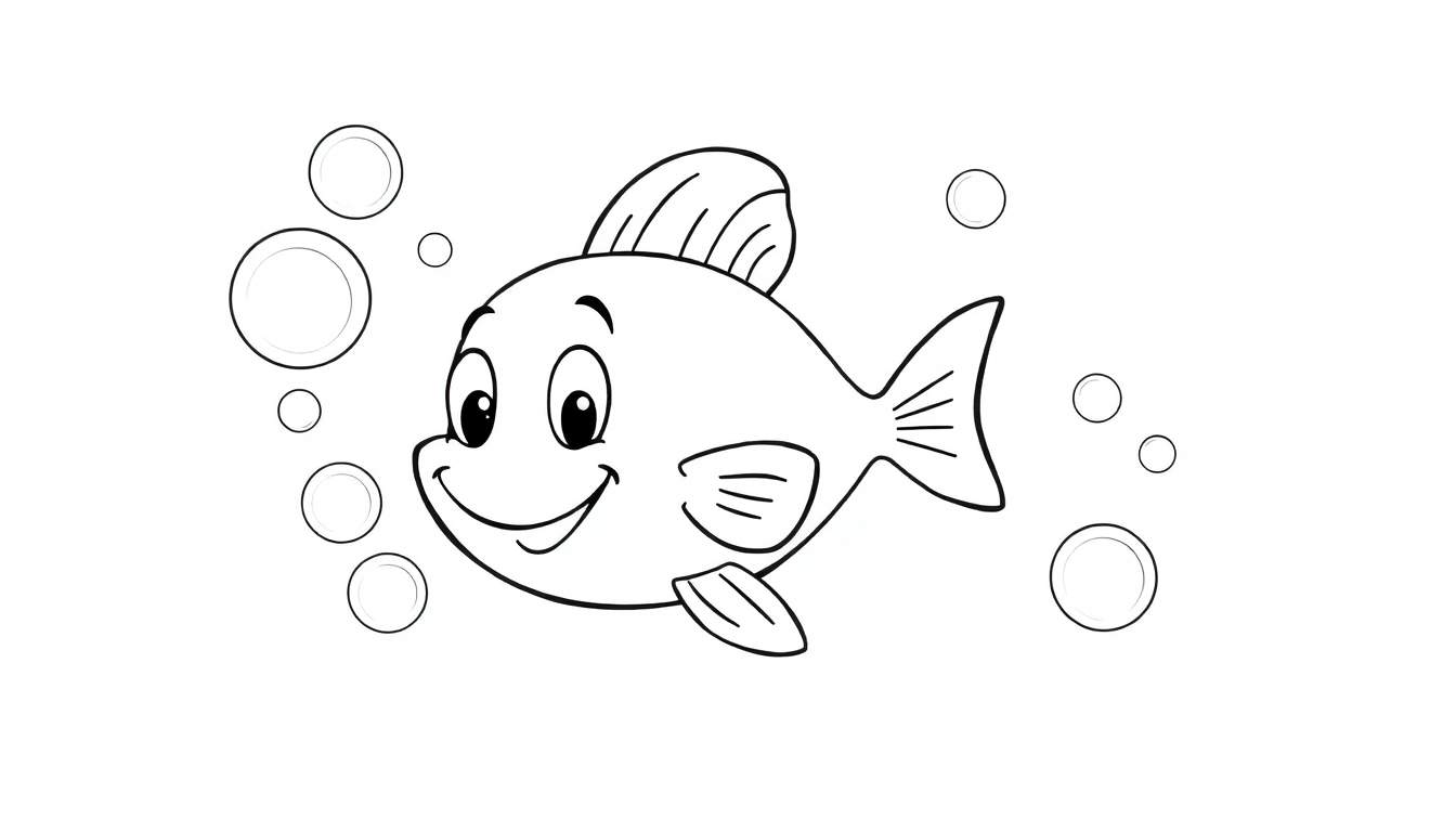 A cheerful black and white fish swimming amongst bubbles, ready for your color panel magic.