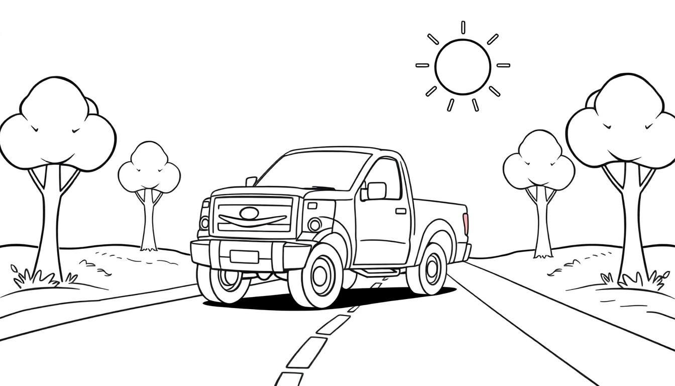 A cute black and white color panel of a friendly Ford F-150 truck driving down a sunny country road with happy trees.