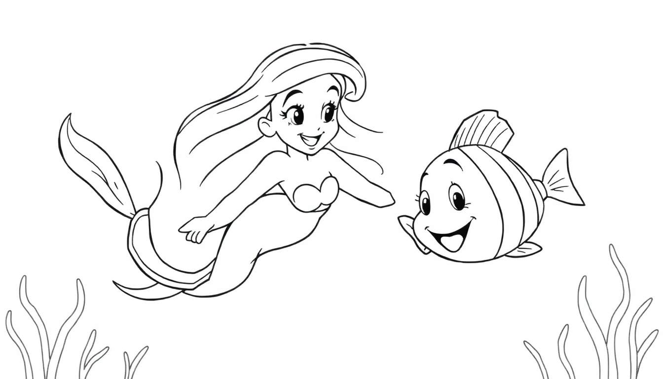 A black and white illustration of Ariel reaching for Flounder, a fun color panel for kids.