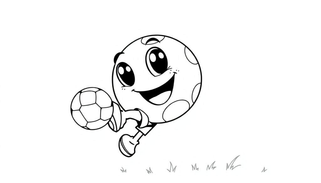 A black and white cartoon soccer ball character with a happy face and one leg is dribbling a soccer ball on a grassy field. This is a color panel.