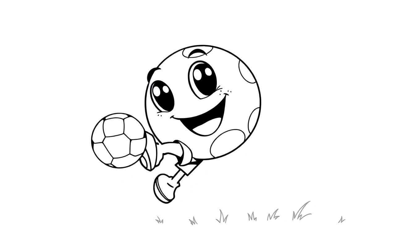 A black and white cartoon soccer ball character with a happy face and one leg is dribbling a soccer ball on a grassy field. This is a color panel.