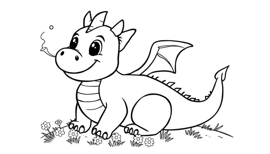 A cute baby dragon sitting among flowers, ready for a color panel.