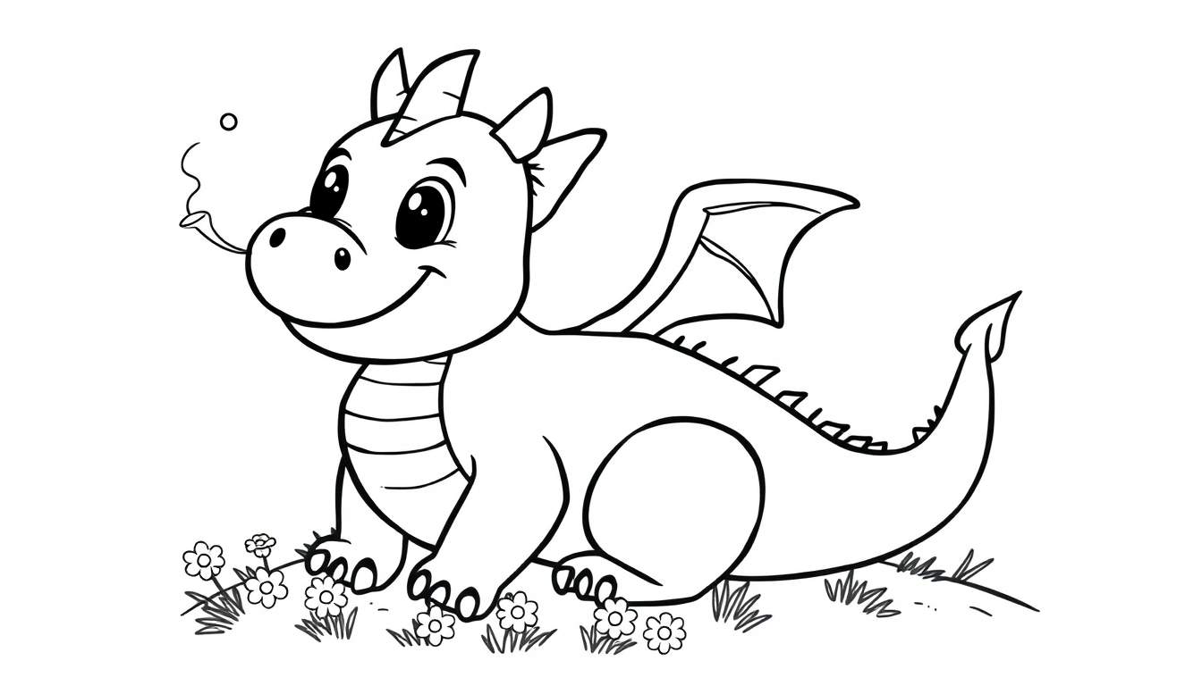 A cute baby dragon sitting among flowers, ready for a color panel.