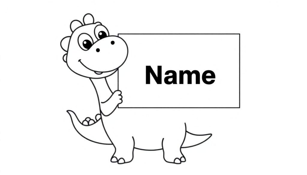 A friendly cartoon dinosaur in a black and white color panel, holding a sign that says 'Name'.