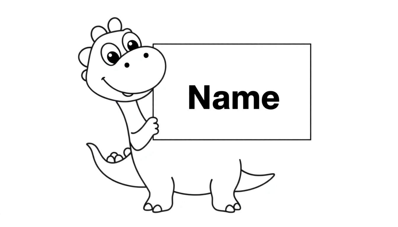 A friendly cartoon dinosaur in a black and white color panel, holding a sign that says 'Name'.