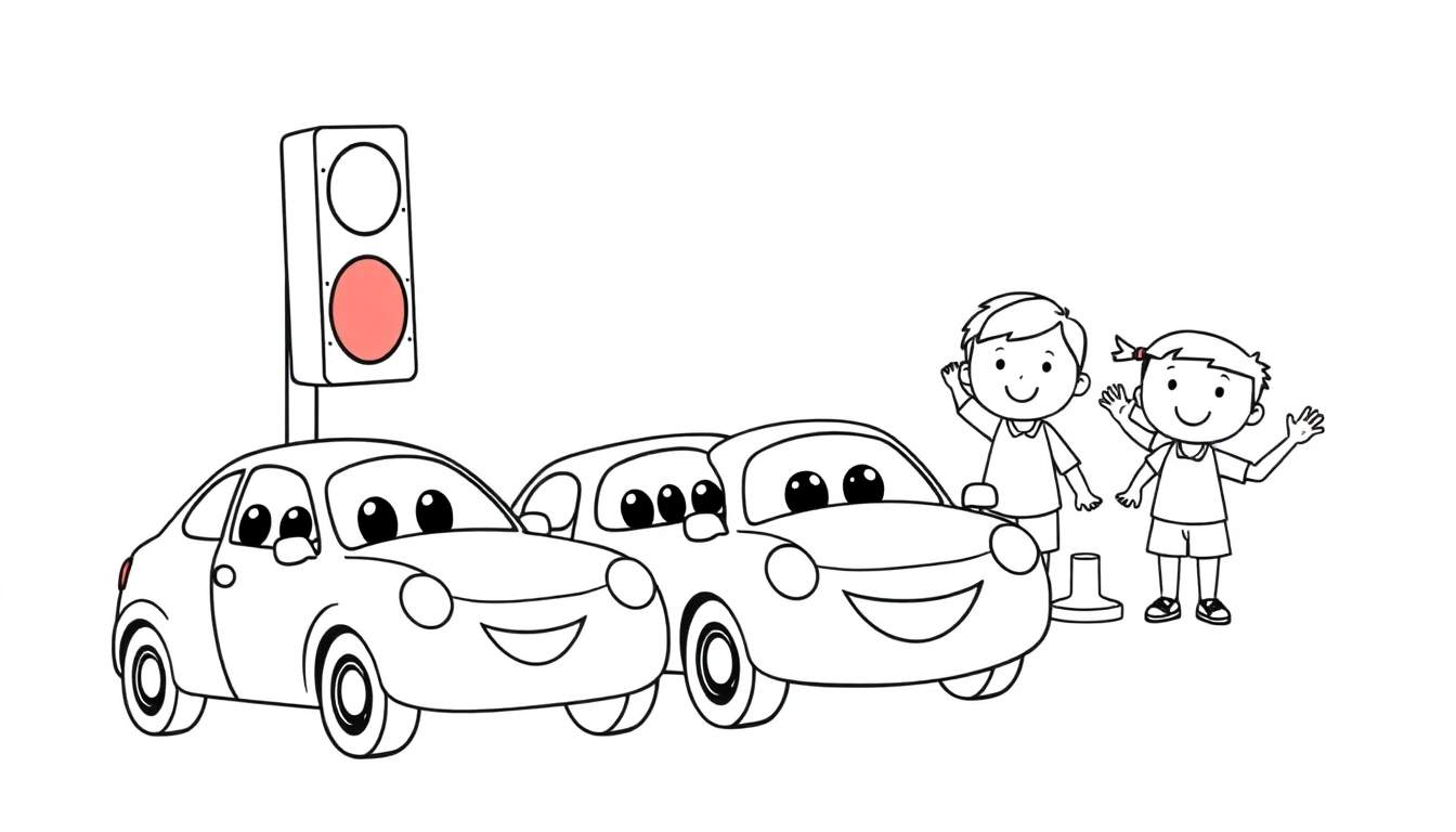 A cute color panel showing friendly cars and a happy traffic light helping kids cross the street safely.
