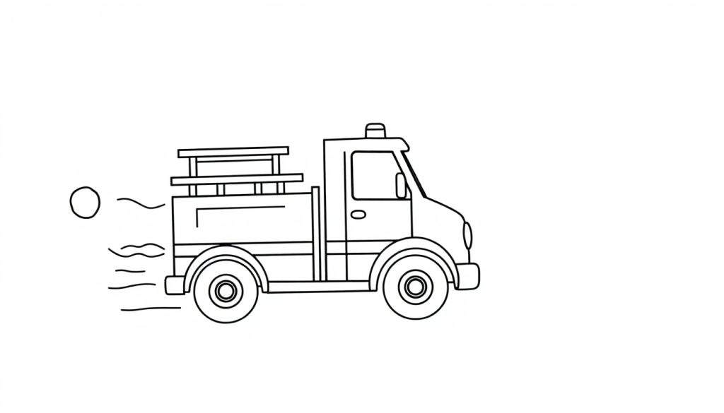 A black and white color panel of a friendly fire truck in motion, leaving behind speed lines.