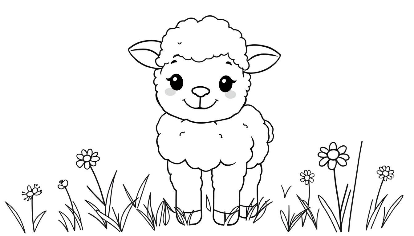 A cute cartoon lamb with fluffy curly wool and big eyes stands in a field of flowers, ready to be colored.