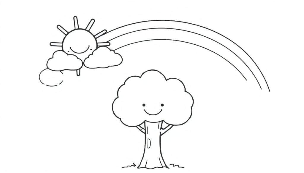 A black and white coloring panel showing a happy sun behind clouds and a smiling tree under a rainbow.