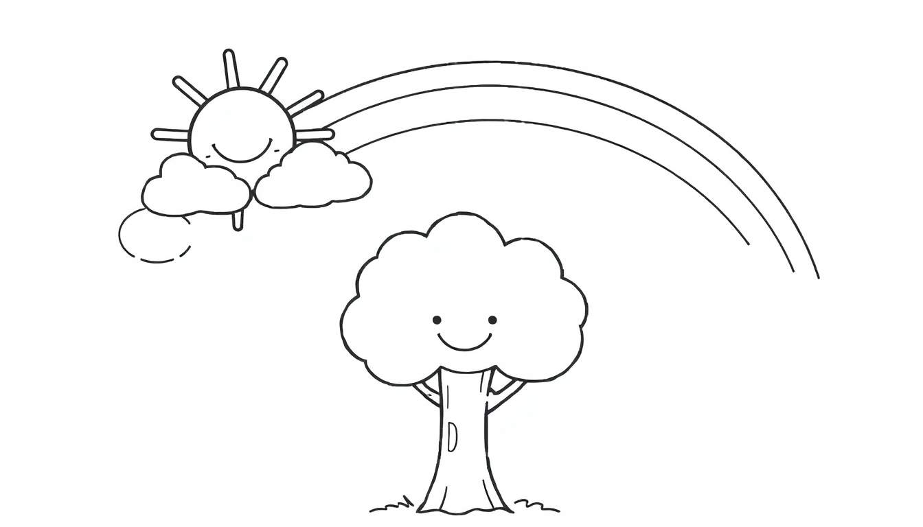 A black and white coloring panel showing a happy sun behind clouds and a smiling tree under a rainbow.
