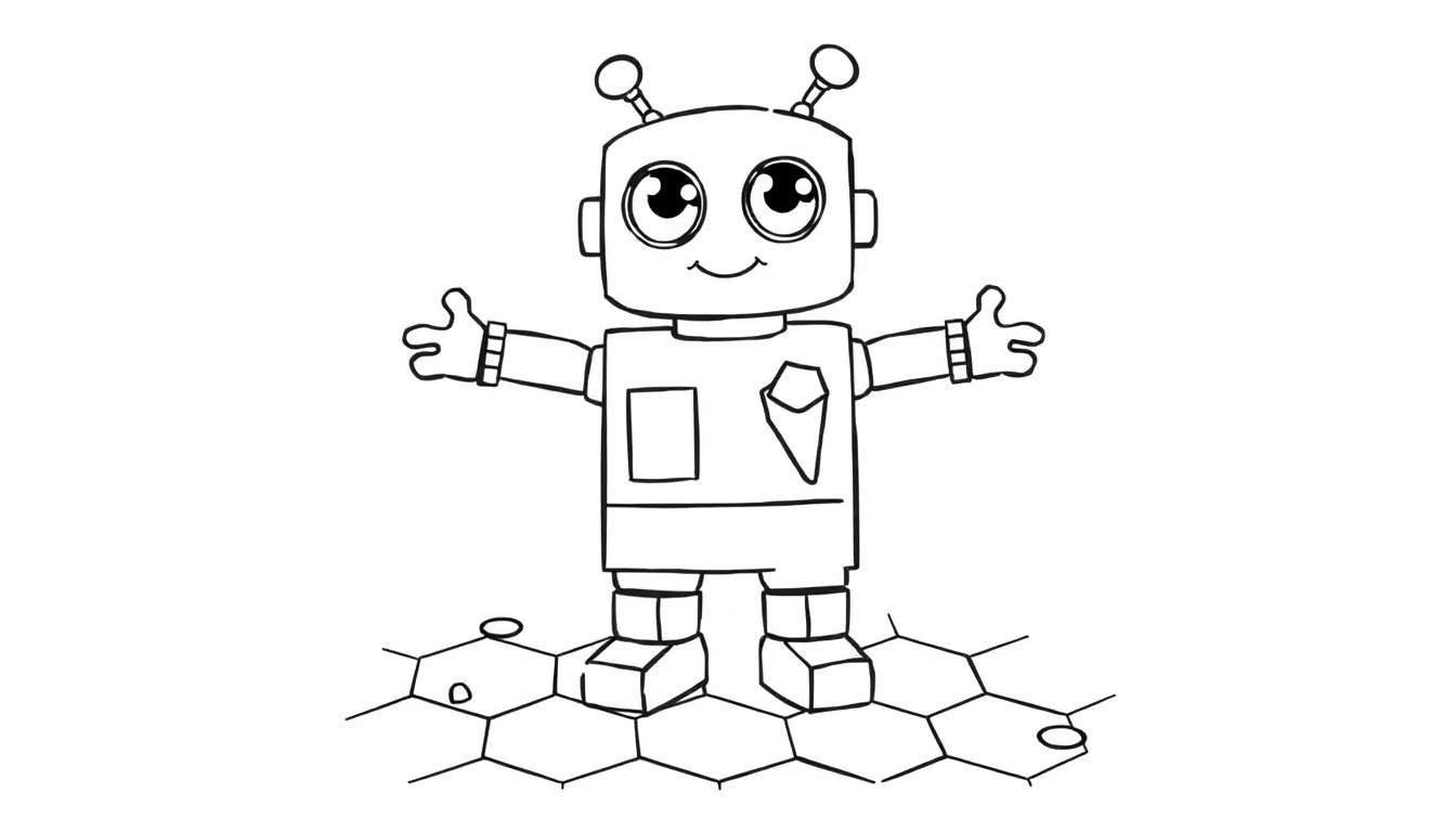 A cute robot outline on a hexagonal grid color panel.