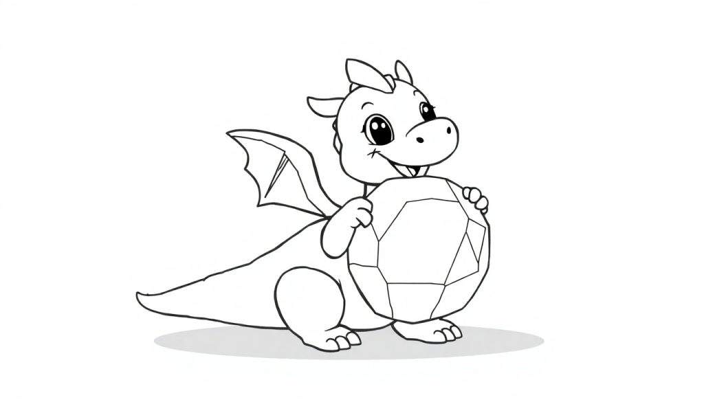 A cute baby dragon holding a large gem, a black and white coloring panel.