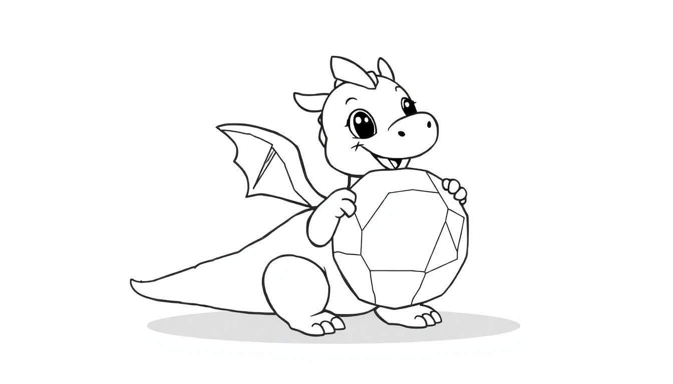 A cute baby dragon holding a large gem, a black and white coloring panel.