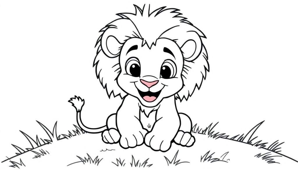 A black and white drawing of a cute baby lion cub sitting on a grassy hill, ready for coloring. This color panel is perfect for little artists!