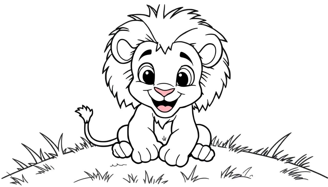 A black and white drawing of a cute baby lion cub sitting on a grassy hill, ready for coloring. This color panel is perfect for little artists!