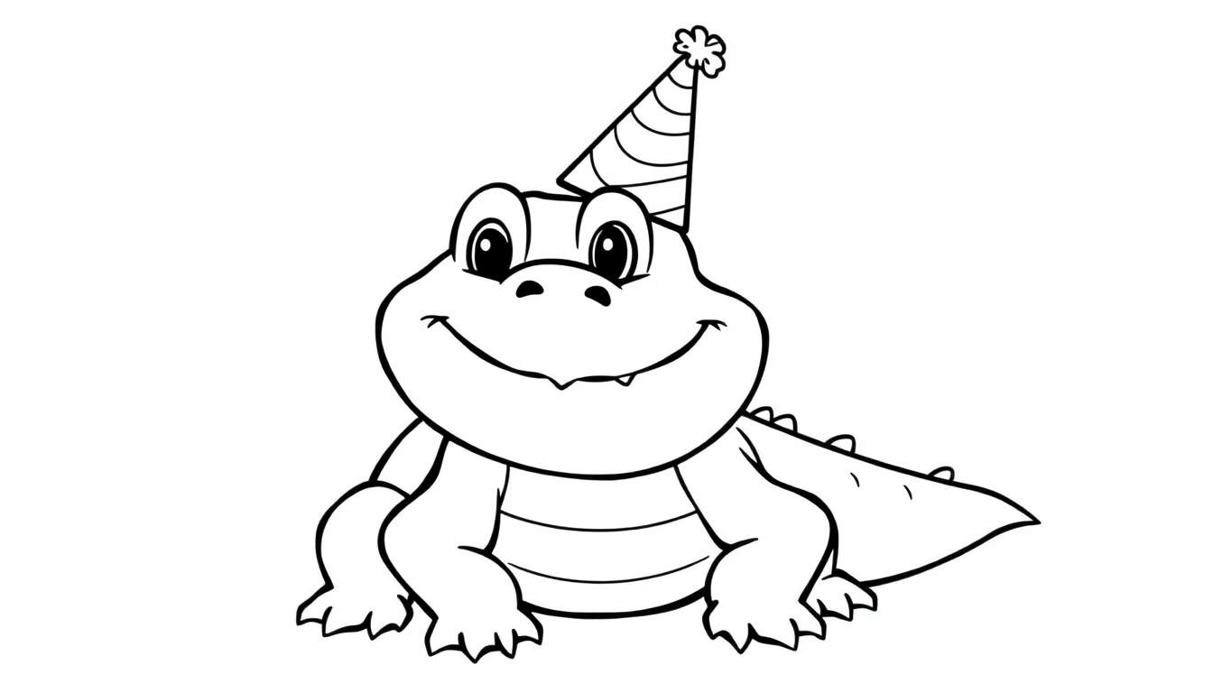 A cartoon baby alligator in a birthday hat, ready for coloring on this color panel.