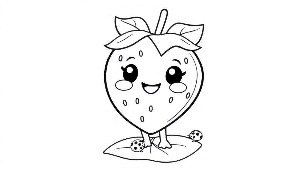 A cute cartoon strawberry with big eyes and a smile, part of a black and white color panel.