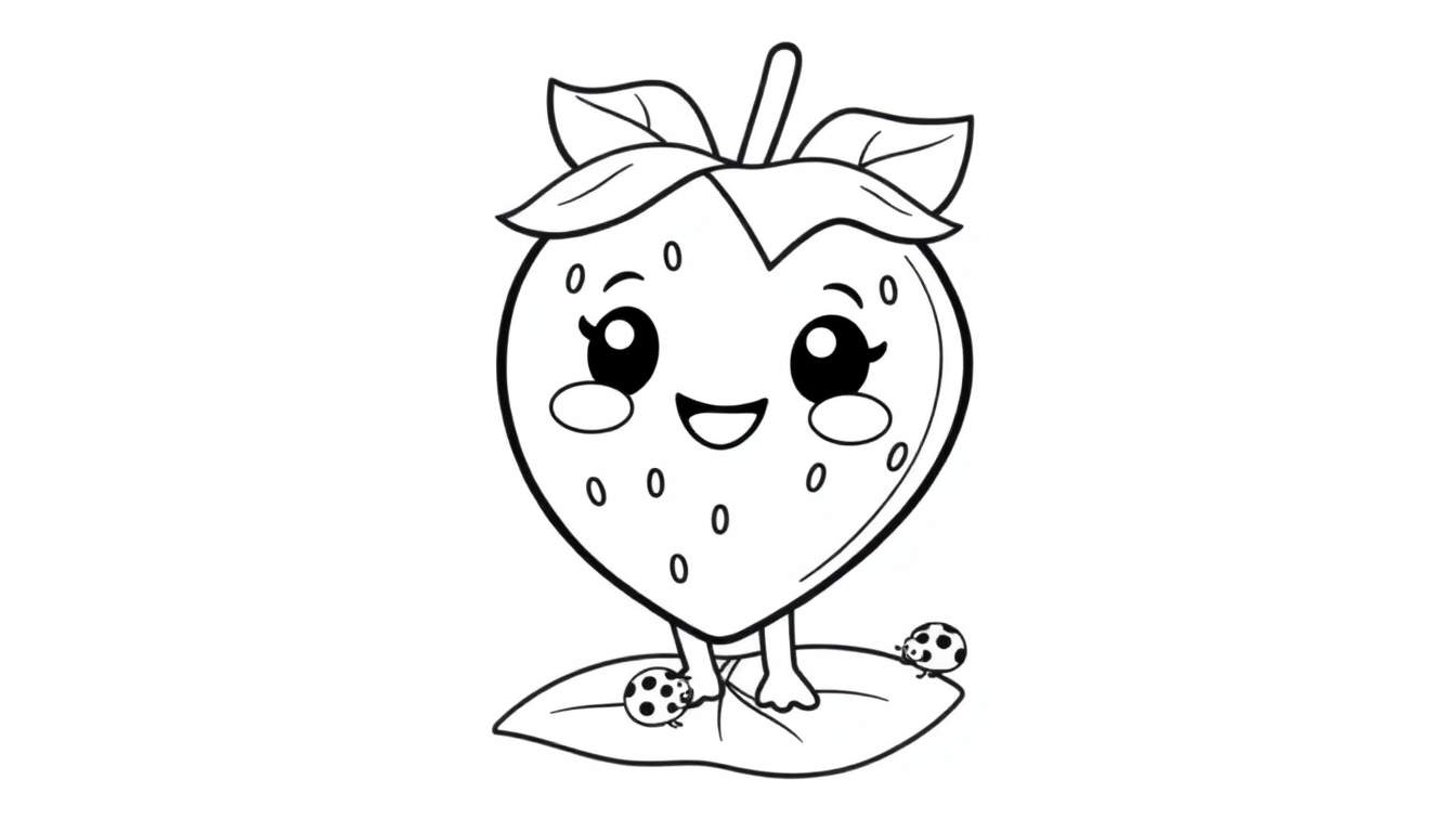 A cute cartoon strawberry with big eyes and a smile, part of a black and white color panel.