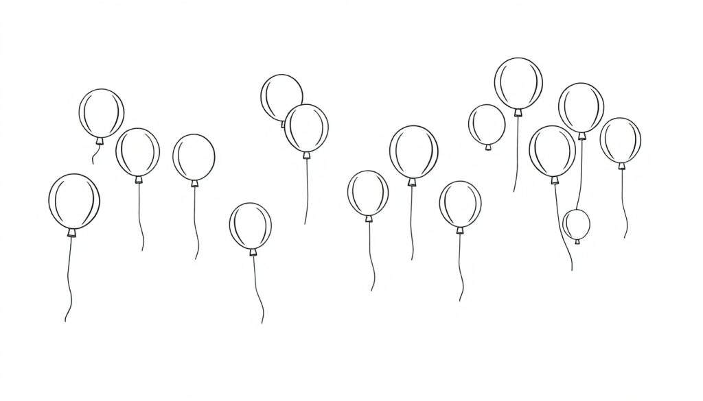 A black and white coloring page of happy balloons, ready for a color panel.