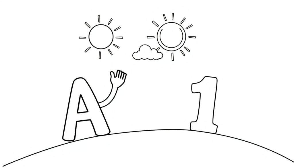 A black and white line drawing of the letter A waving hello to the number 1 on a sunny hill, part of a color panel.