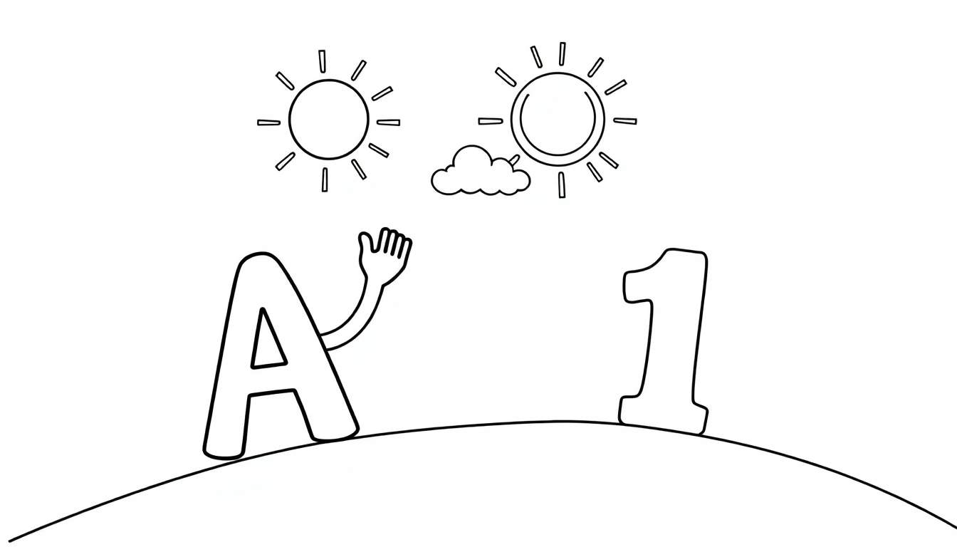 A black and white line drawing of the letter A waving hello to the number 1 on a sunny hill, part of a color panel.