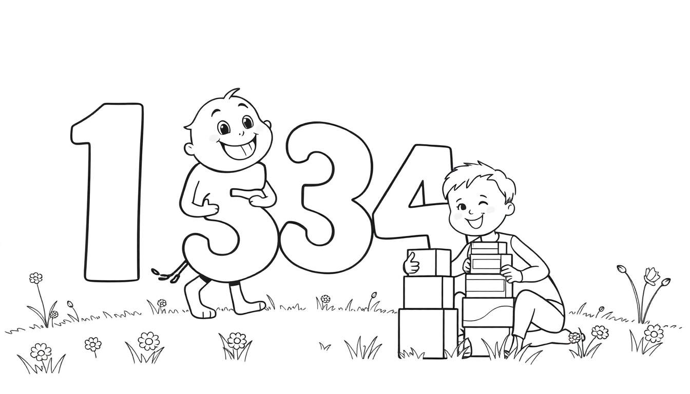 A cute black and white coloring page color panel with a baby holding a 3 and a boy stacking boxes.