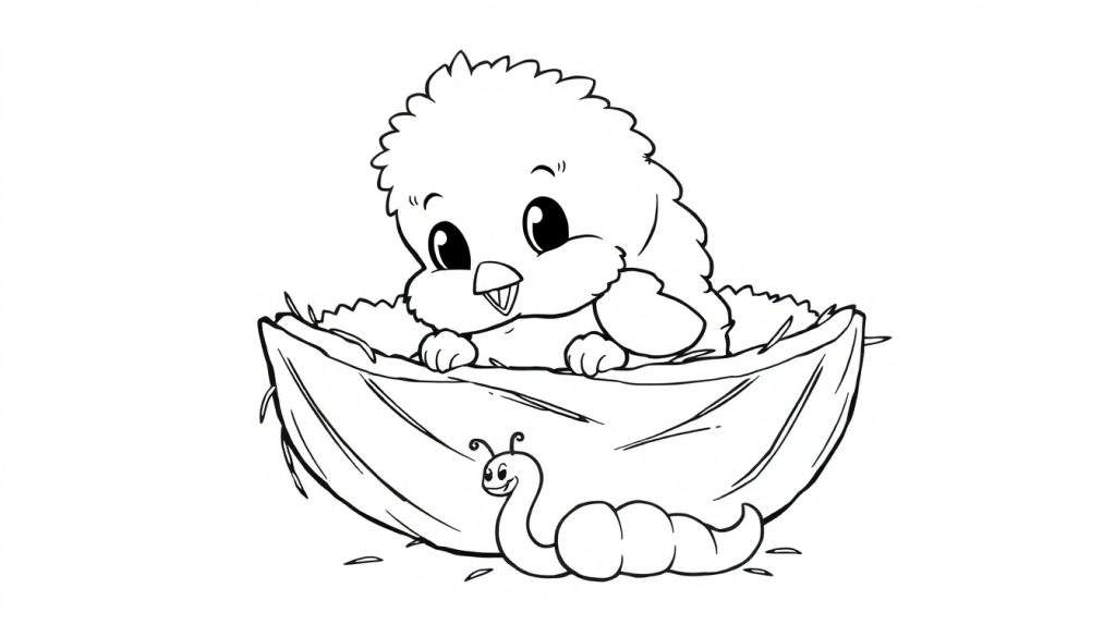 A cute cartoon chick and caterpillar in a nest, a black and white color panel.