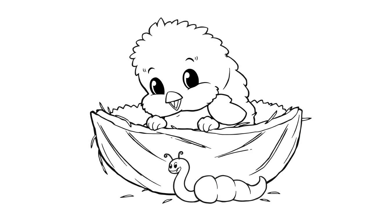 A cute cartoon chick and caterpillar in a nest, a black and white color panel.
