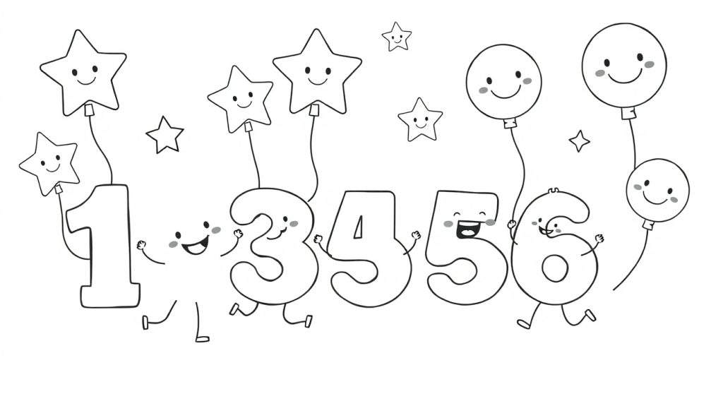 A black and white color panel showing happy numbers 1-6 with arms and legs, dancing with smiling stars and balloons.