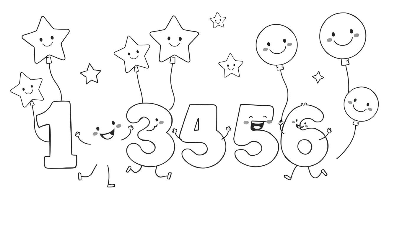 A black and white color panel showing happy numbers 1-6 with arms and legs, dancing with smiling stars and balloons.