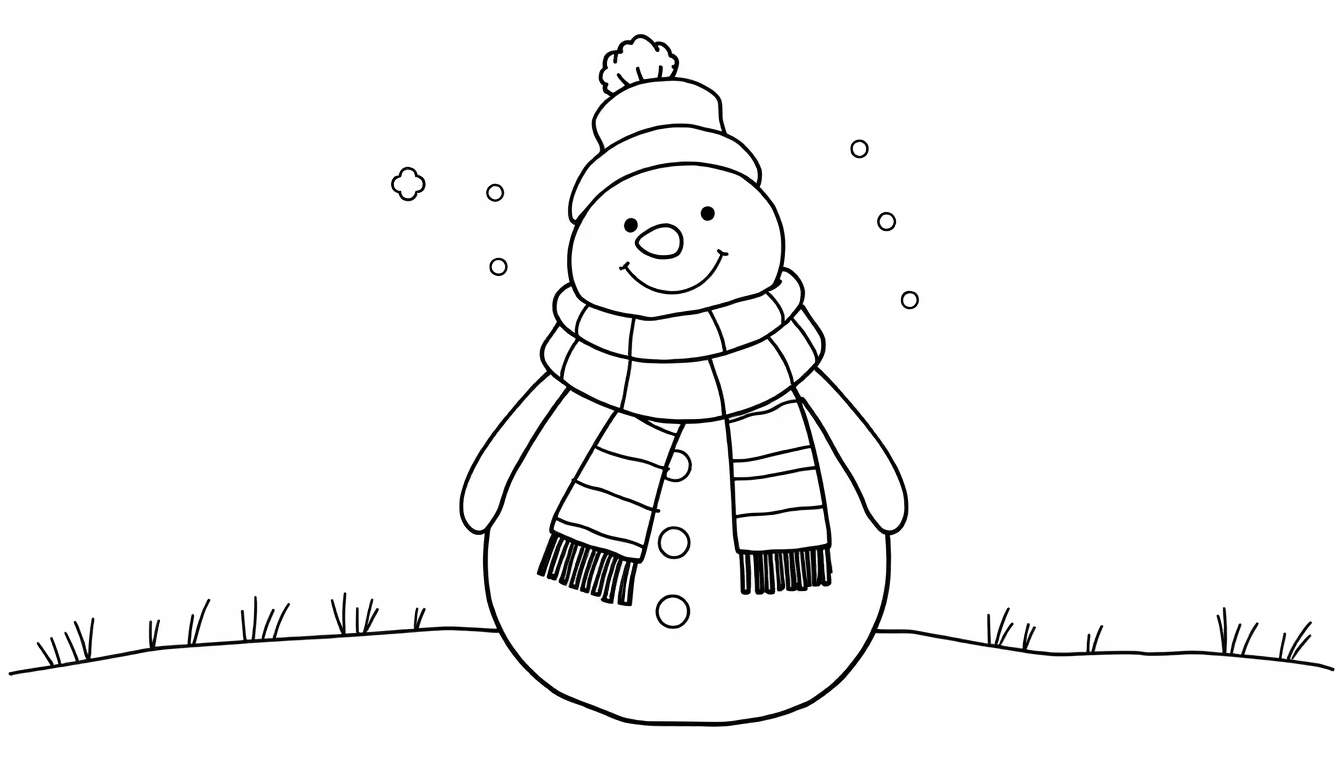A black and white line drawing of a cute snowman with a striped scarf and pom-pom hat, ready for coloring. This color panel is surrounded by tiny snowflakes.