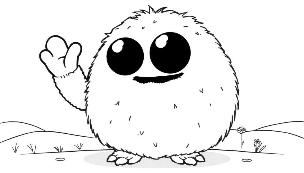 A cute, fluffy monster waving hello on a black and white color panel.