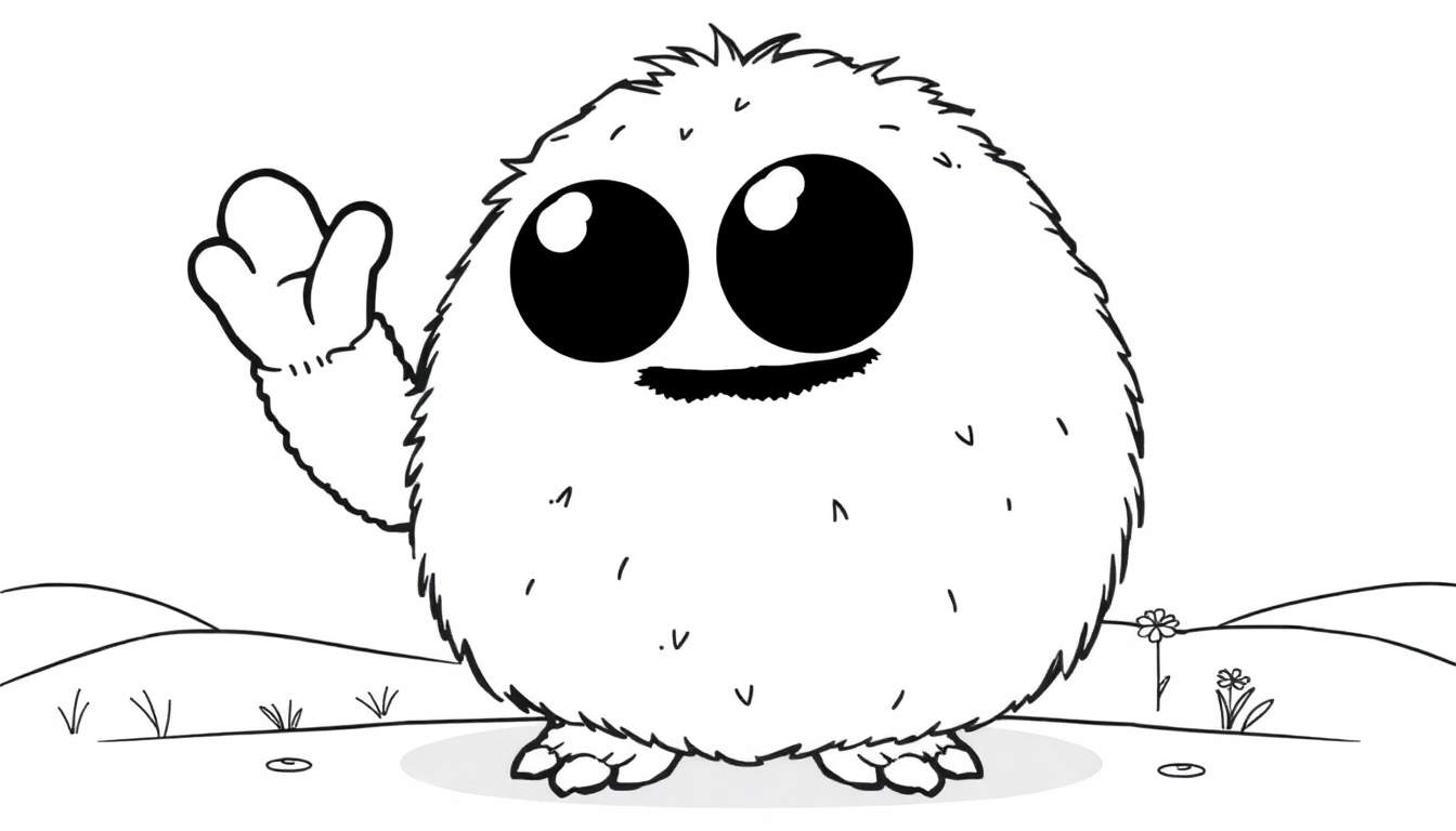 A cute, fluffy monster waving hello on a black and white color panel.