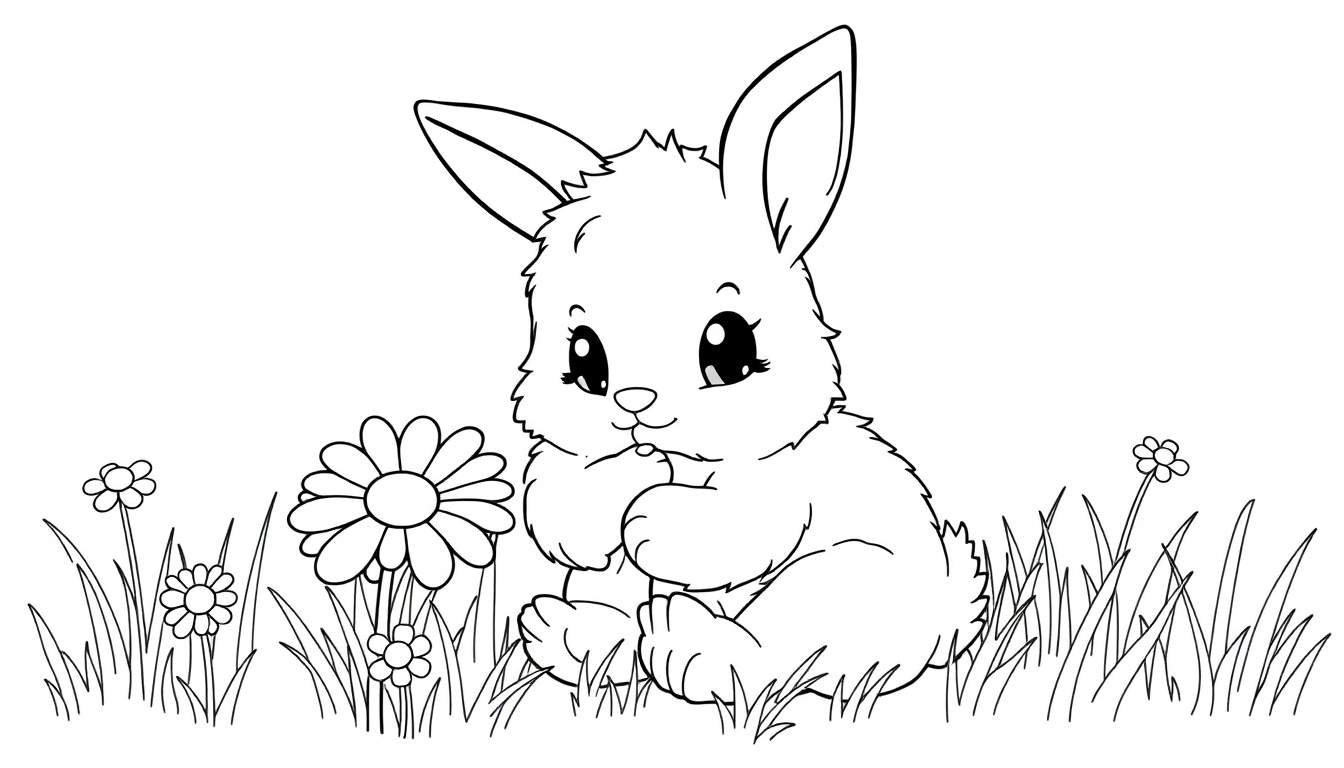 A cute cartoon bunny in a field, perfect for a color panel.