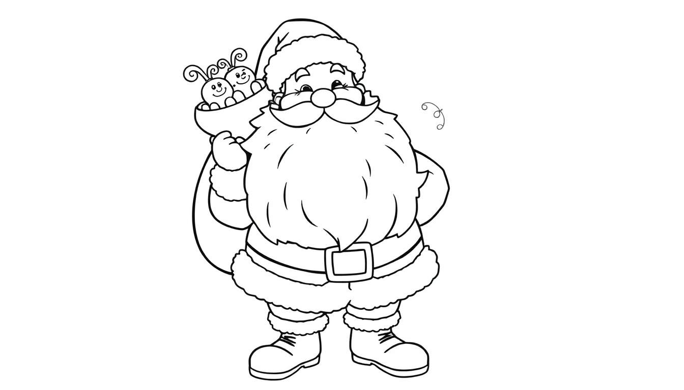 A black and white outline drawing of Santa Claus, ready for coloring, holding a sack of presents, with Christmas cheer and a color panel.