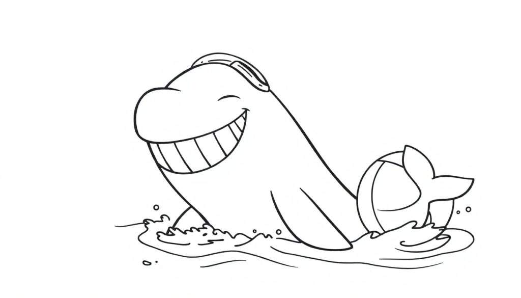 A black and white cartoon dolphin in a swimming cap, grinning and splashing in the water, ready for the color panel!
