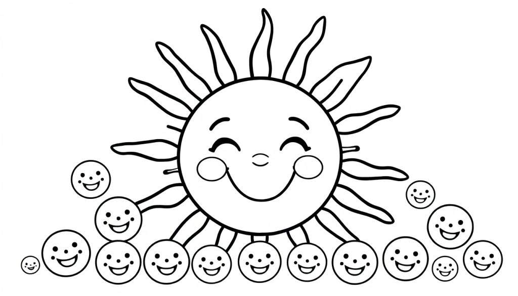 A black and white color panel featuring a cheerful sun surrounded by many smiling faces.