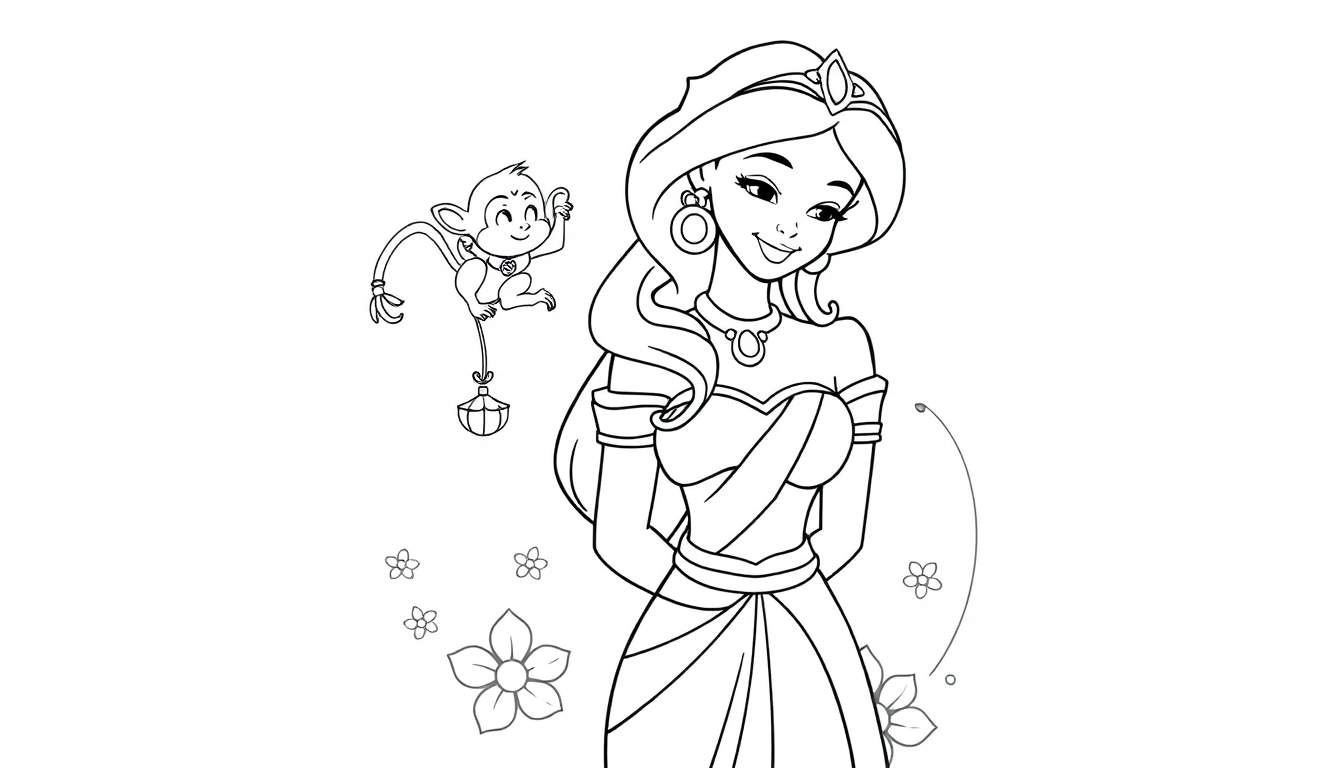 A black and white coloring page color panel of Princess Jasmine with Abu the monkey.