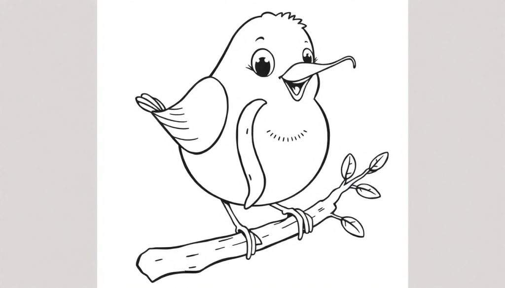 A cute cartoon robin in a black and white color panel, ready for coloring, with an open beak.