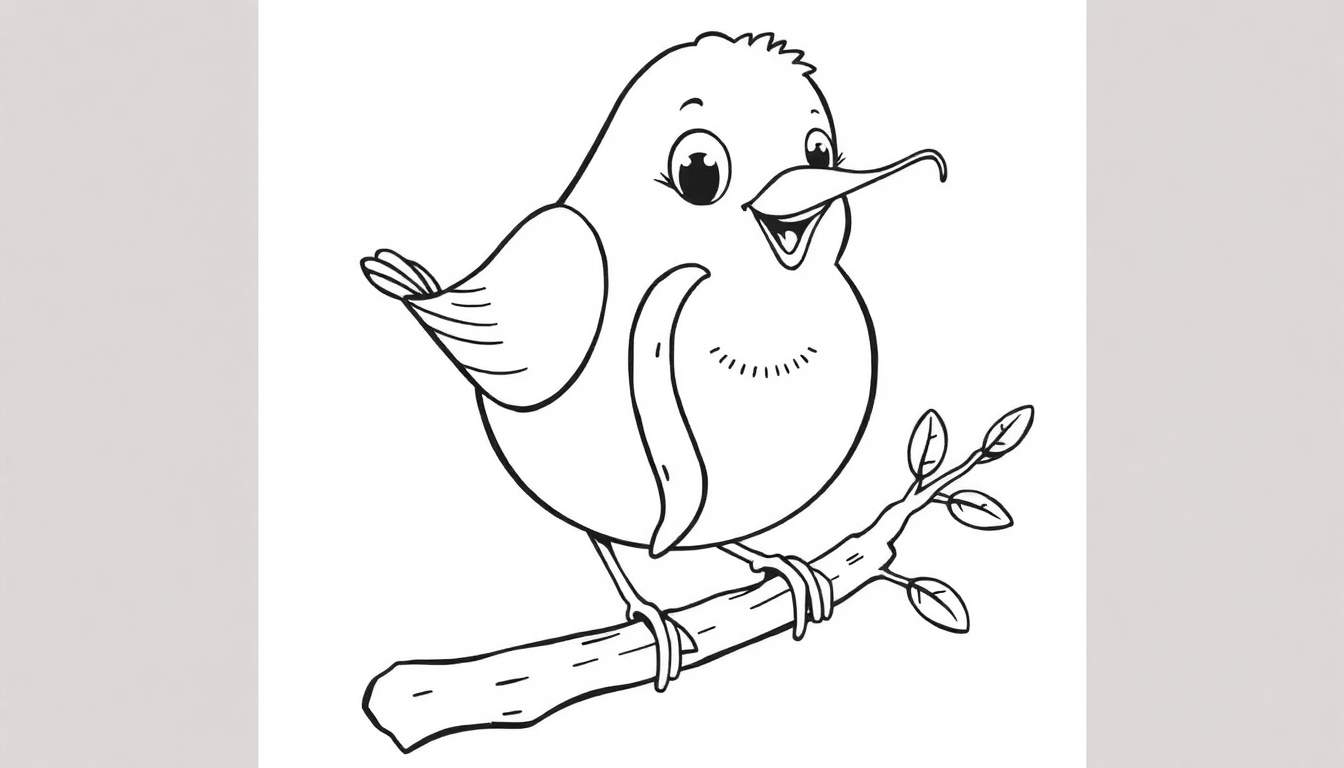 A cute cartoon robin in a black and white color panel, ready for coloring, with an open beak.