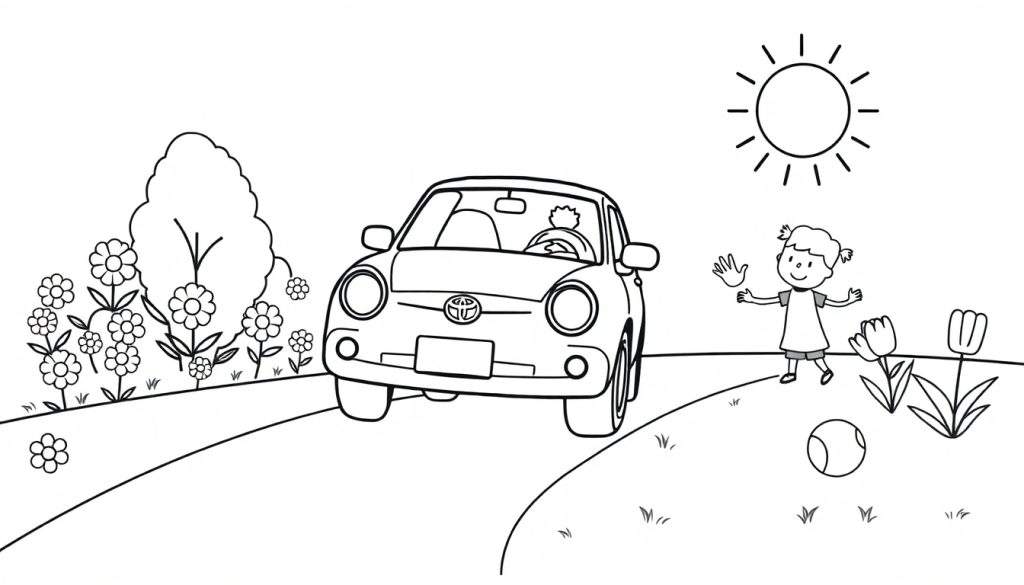 A black and white color panel of a car in a park with a girl waving.