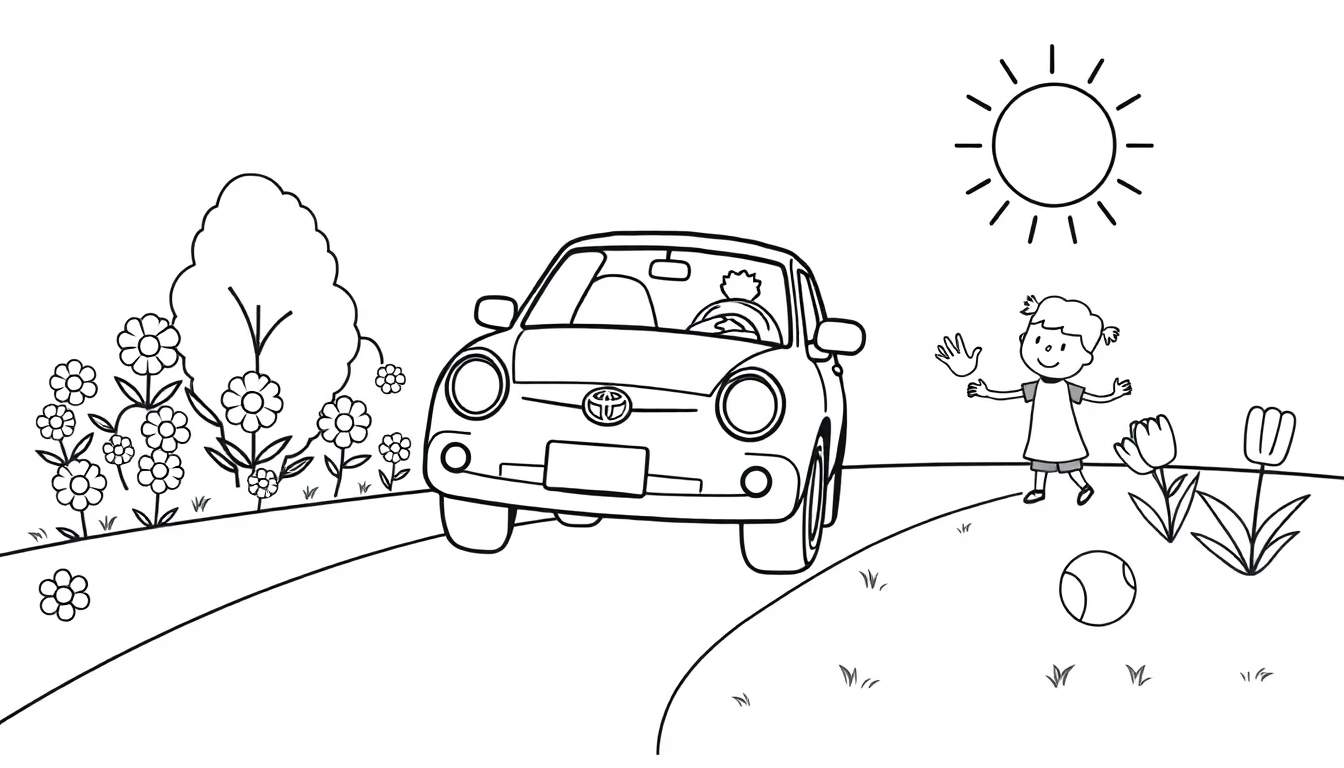 A black and white color panel of a car in a park with a girl waving.