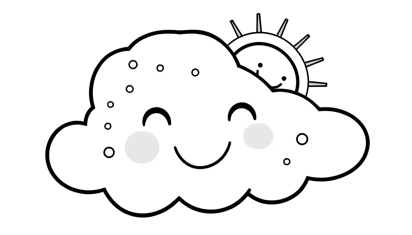 A cute, smiling cloud with rosy cheeks and a cheerful sun peeking from behind it.