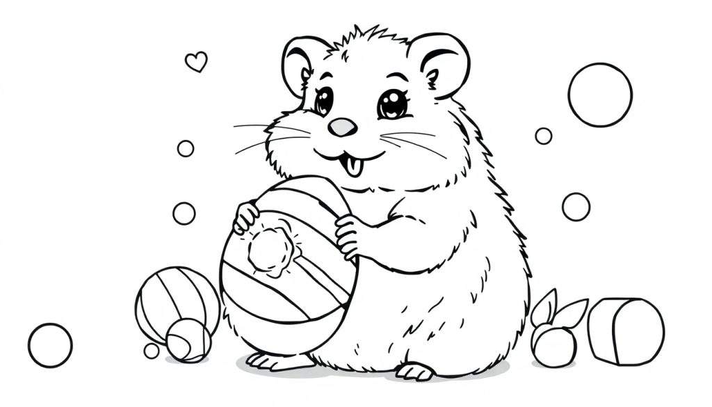 A cute hamster holding a striped ball, ready for coloring fun on this color panel.