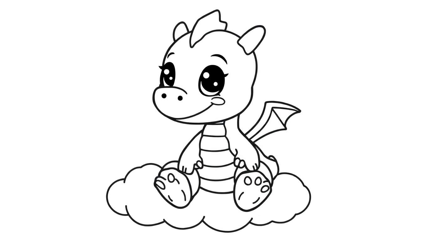 A black and white cartoon color panel of a cute baby dragon with big eyes and a smile sitting on a fluffy cloud.