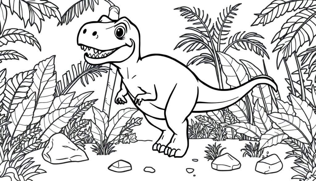 Black and white illustration of a smiling cartoon T-Rex in a jungle, ready for a color panel.