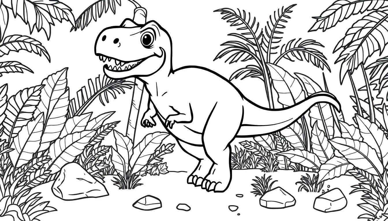 Black and white illustration of a smiling cartoon T-Rex in a jungle, ready for a color panel.