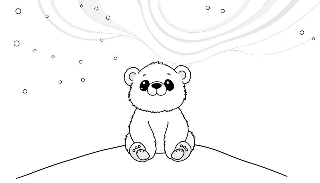 A black and white color panel of a baby polar bear cub sitting on a snowy hill under the Northern Lights.
