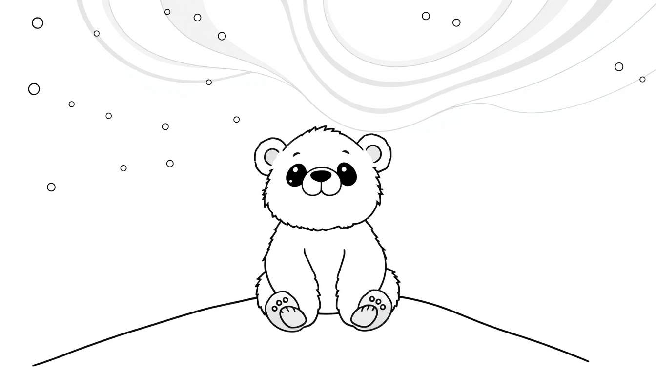 A black and white color panel of a baby polar bear cub sitting on a snowy hill under the Northern Lights.