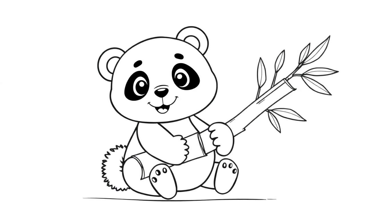 A cute baby panda holding a bamboo stalk, ready for coloring. This black and white line art is a fun color panel for kids.